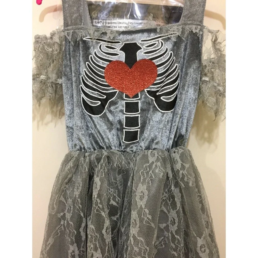 Ghost Bride Halloween Costume Girls M Spooky Skeleton Heart Dress Gothic Cosplay